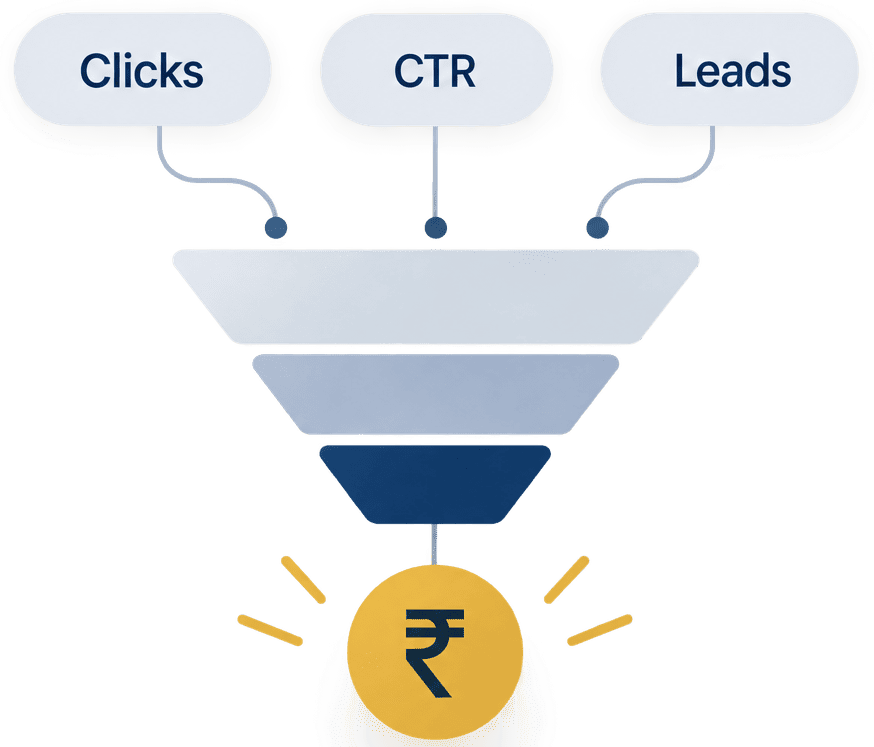 Clicks, CTR, and Leads funneling into Rupee revenue outcome
